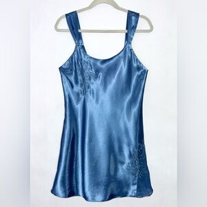 inner Most Blue Satin Slip Dress Floral Embroidery Chemise Small